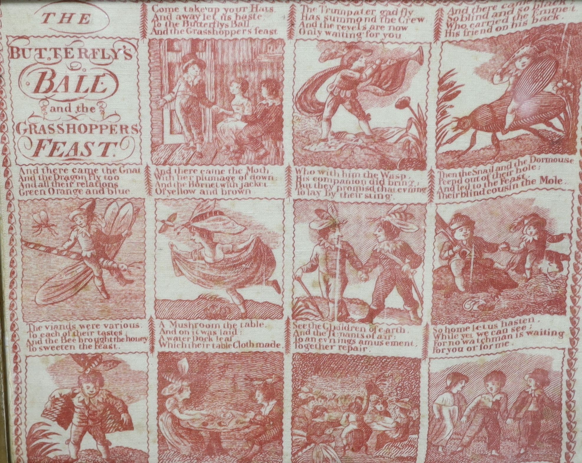 A Victorian 'The Butterfly's Ball and the Grasshopper's Feast' printed handkerchief and two needlepoints, all in maple frames.